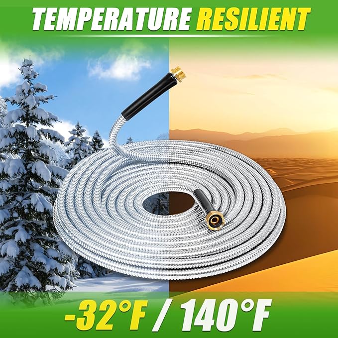 TOOLCY Metal Garden Hose 100 FT - 304 Stainless Steel Water Hose with Brass Nozzle - Heavy Duty, No Kink, Super Flexible, Durable Garden Hoses for Yard, Outdoor, Lawn