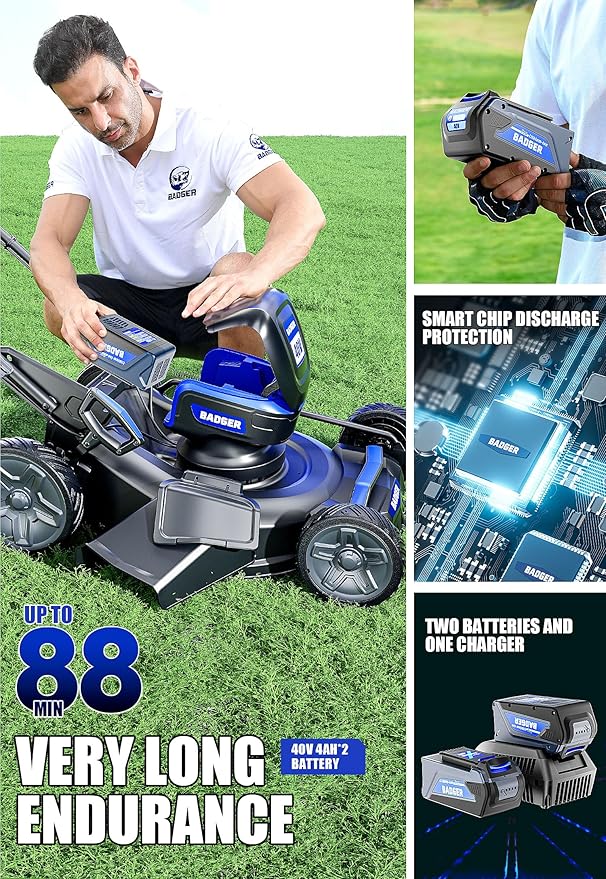 WILD BADGER POWER Lawn Mower Self Propelled 40V Brushless 21" Cordless, 7 Cutting Height Adjustments Electric Lawn Mower, Quickly Folding, 2 * 4.0Ah Battery and1*2Ah Super Charger Included