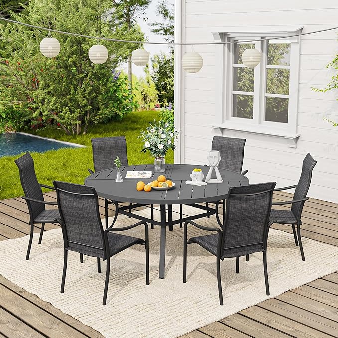 VICLLAX Outdoor Patio Round Dining Table, 54"x 54" Spliced Metal Tabletop for Deck Lawn Garden Backyard, Dark Grey