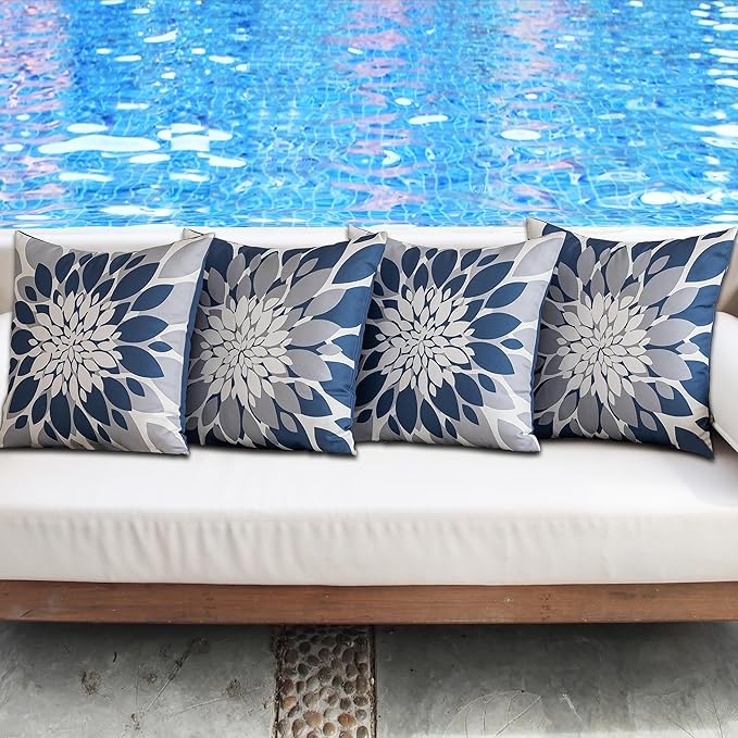 Qahing Pack of 4 Outdoor Waterproof Pillow Covers 16x16 Decorative Outdoor Throw Pillows Garden Square Cases for Patio Furniture, Couch, Tent Sunbrella, Bench, Blue Grey
