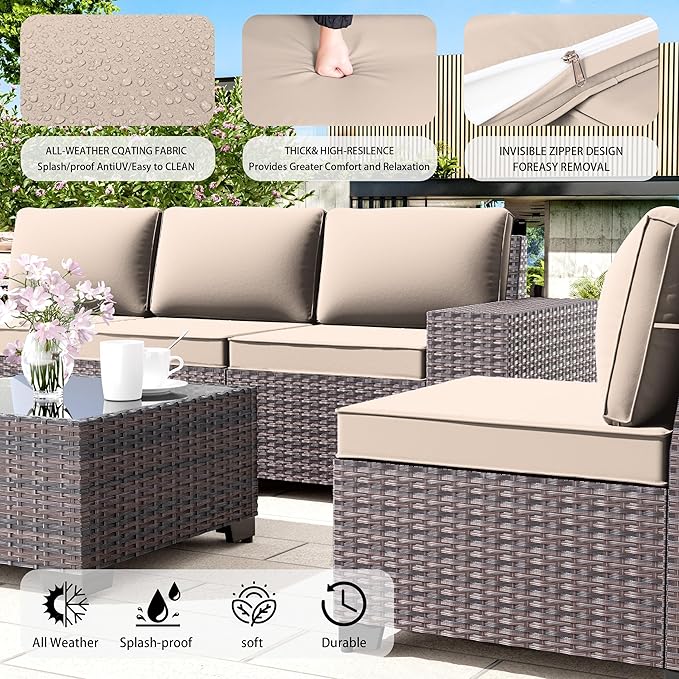 Outdoor Patio Furniture Set with Propane Fire Pit Table, 7 PCS Outdoor Furniture Patio Sectional Sofas Conversation Sets w/ETL Approved 43" Gas Outdoor Fire Table & Coffee Table Brown.