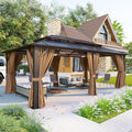 Aoxun 12'x20' Hardtop Gazebo, Aluminum Frame Permanent Pavilion with Curtains and Netting, Outdoor Polycarbonate Double Roof Canopy, Designed for Garden, Lawns, Patio