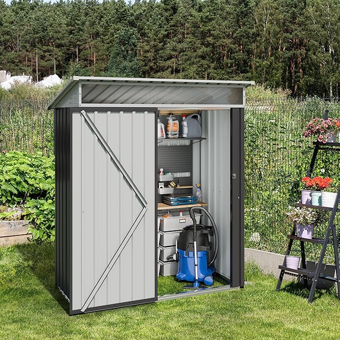 JYQAQA 5x3 FT Outdoor Garden Storage Shed, Waterproof Metal Garden Sheds with Window and Lockable Double Door, Weather Resistant Steel Tool Storage House Shed for Patio, Lawn Dark Gray
