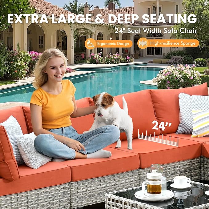 Outdoor Sectional Patio Furniture Set with Swivel Rocking Chairs and Glowing Table,8 Pieces Wicker Conversation Sets L Shaped Couch Out Door Sofa Outside Furniture for Garden Deck Yard Porch,Red