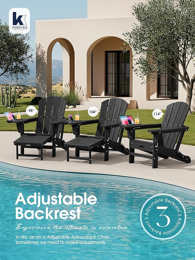 KINGYES Adjustable Folding Adirondack Chair with Footrest & 4-in-1 Multi-Functional Armrest Organizer, HDPE Foldable Reclining Adirondack Chair with Pull-Out Ottoman, Black