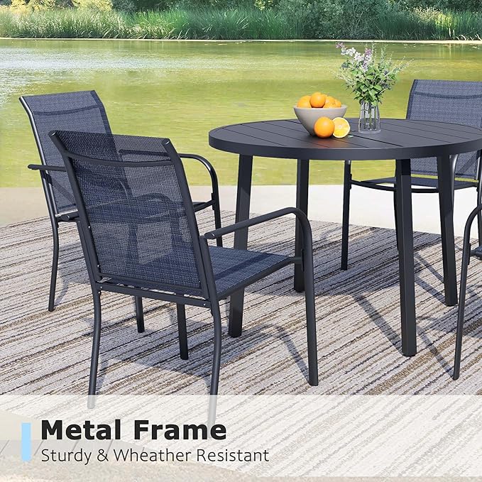 5 Pieces Round Dining Table Set for 4, Patio Dining Set Includes 4 Dark Blue Stackable Patio Chairs and 1 Black Round Table, Patio Furniture Setss with Sling Support for Outside, Garden