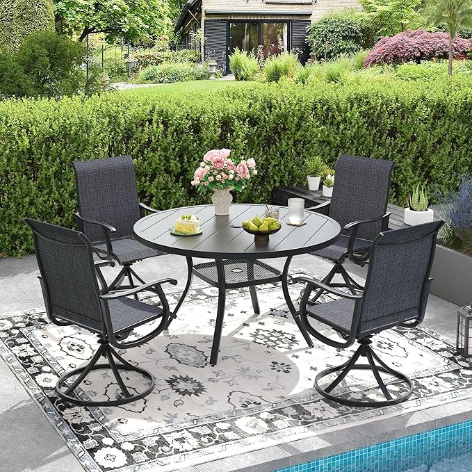 DIFY 5 Pieces Outdoor Patio Dining Set, 4 Dark Grey Textilene Swivel Dining Chairs and 40.6" Black Round Dining Table, Metal Outdoor Table and Chairs
