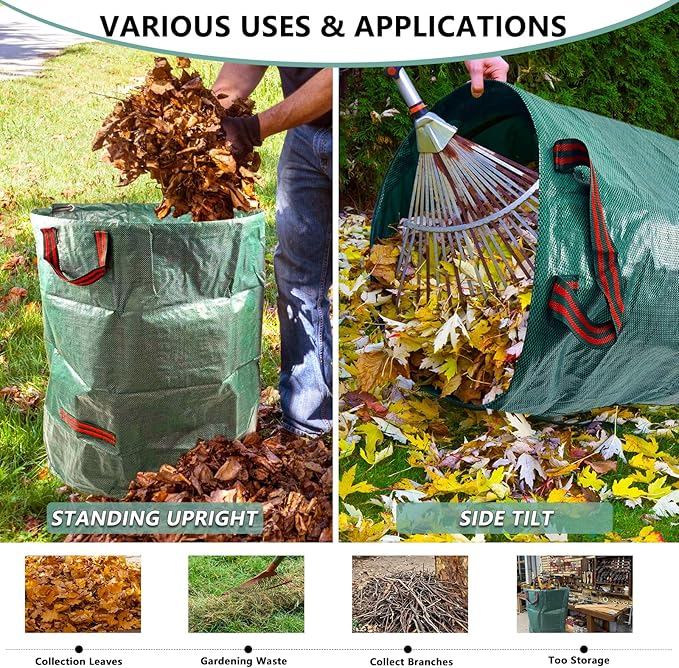 2 Pack 72 Gallon Lawn and Leaf Bags (Green + Black), Heavy Duty Reusable Yard Waste Bags with Reinforced Handles, Collapsible Garden Bags for Leaves, Branches, Grass Waste