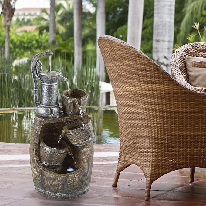 Pure Garden Water Fountain Outdoor Waterfall with Pump and LED Lights - Old Fashioned Rustic Barrel 4-Tier Indoor or Outdoor Fountain - Patio, Deck, Balcony or Backyard Water Fountains with Lights