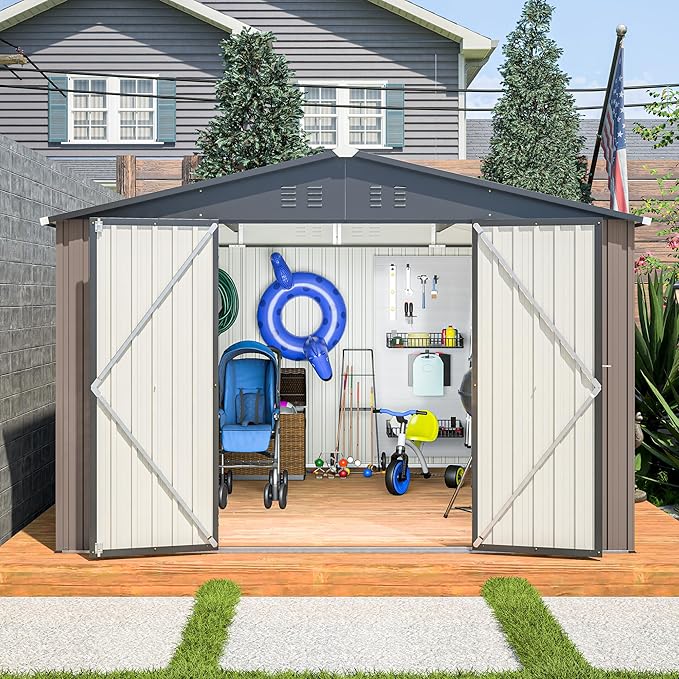 10' x 10' Metal Storage Shed for Ourdoor, Steel Yard Shed with Design of Lockable Doors, Utility and Tool Storage for Garden, Backyard, Patio, Outside use