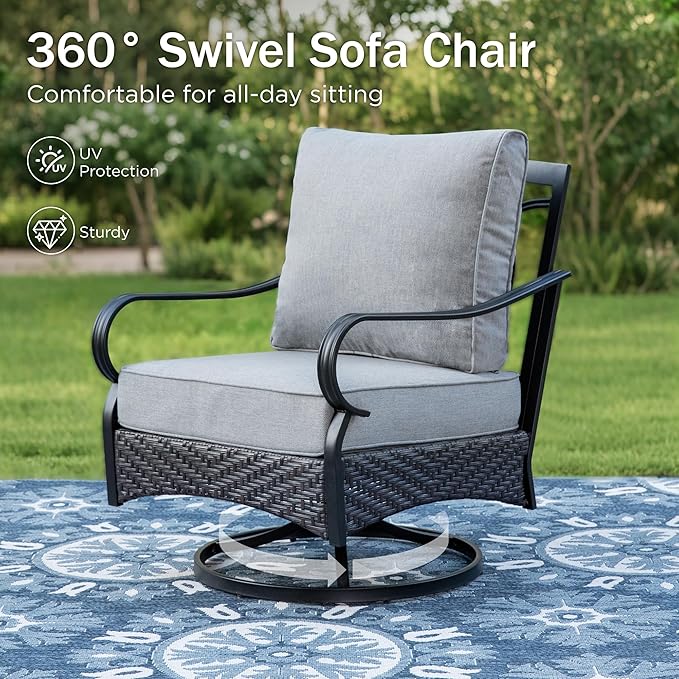 PHI VILLA Outdoor Modern Patio Furniture Set, Upgraded Wicker&Metal Patio Furniture Conversation Set with Waterproof Thick Cushions for Porch, Poolside, Deck, and Yard (5 Pieces,Grey)