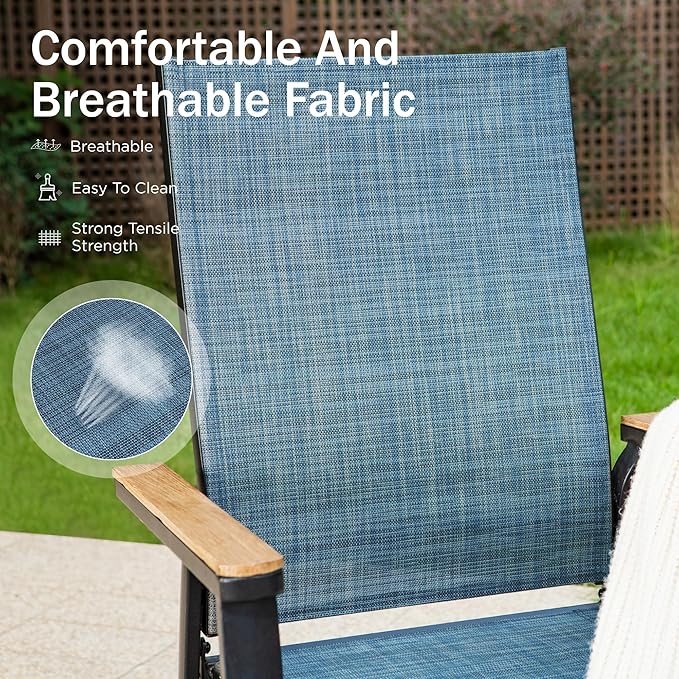 PHI VILLA Outdoor Stackable Chairs, Patio Chairs Set of 2, Light Weight Aluminum Frame with Textilene Fabric & Wood Armrest, High Back Deck Chairs for Poolside Lawn Garden, Blue
