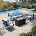 HERA'S HOUSE 4 Pieces Patio Fire Pit Furniture Set, 2 x Single Chair, 3-Seat Sofa with 45" Fire Pit Table, Outdoor Conversation Set for Garden, Poolside, Backyard, Blue
