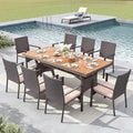 MFSTUDIO Outdoor Dining Sets for 8, 9 Pieces Patio Dining Furniture, 74’’ Rectangular Outdoor Table and Chairs, Acacia Wood Top & Rattan and Metal Frame, Modern Patio Furniture