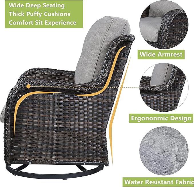 Rilyson 6 Piece Outdoor Patio Furniture Set - Rattan Wicker Patio Conversation Sets with 2 Swivel Rocker Chairs,2 Ottomans,1 Loveseat and 1 Coffee Table for Outside Porch Deck Backyard(Brown/Grey)