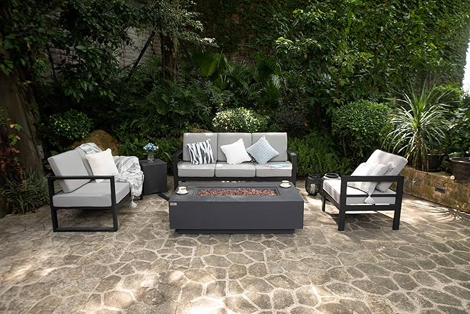 AMS Creations | Madison 60" Rectangular Natural Gas Outdoor Fire Pit Table | Dark Gray Concrete GFRC | Limestone Texture or Surface | Electronic Ignition | Outside Backyard Fireplace