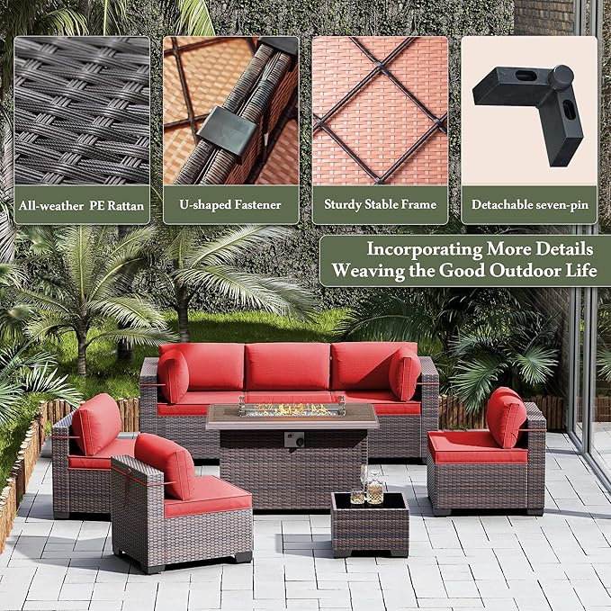 Outdoor Patio Furniture Set with Propane Fire Pit Table, 15 Pieces Outdoor Furniture Patio Sectional Sofa Conversation Sets w/ETL Approved 43" Gas Outdoor Fire Table & Coffee Table(Red)