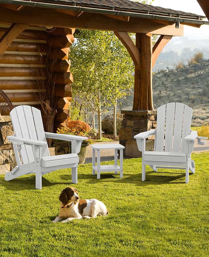 SERWALL Folding Adirondack Chair Set of 4, Reclining Adirondack Chair with 3 Recline Positions, All Weather HDPE Outdoor Adirondack, White