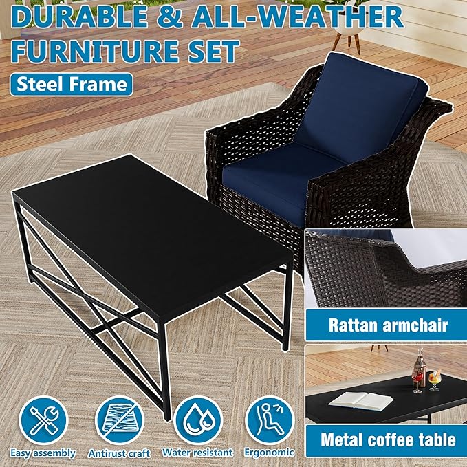 Vista Vibe 2 Pieces Outdoor Patio Conversation Furniture Set - 78" 3-seat Sofa | Metal Coffee Table, Deep Seat Loveseat, Removable Cushions, Hand-Woven PE Rattan Couch, Lawn (Brown/Navy)