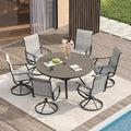 VICLLAX Patio Dining Set for 6, 7 Pieces Outdoor Furniture Includes 47.2" Round Patio Table with Umbrella Hole and 6 Outdoor Swivel Chairs for Lawn Garden, Grey Wood Grain Tabletop and Grey Fabric