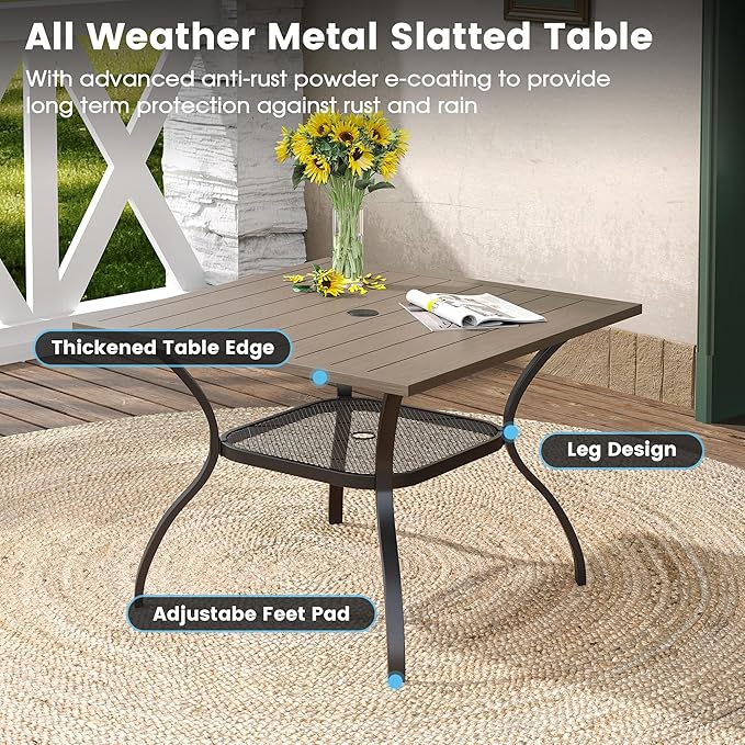 DIFY 5 Pieces Outdoor Patio Dining Set for 4, 37.8" Grey Wood-Like Metal Square Dining Table and 4 Sandshell Textilene Patio Swivel Chairs, Outdoor Table and Chairs