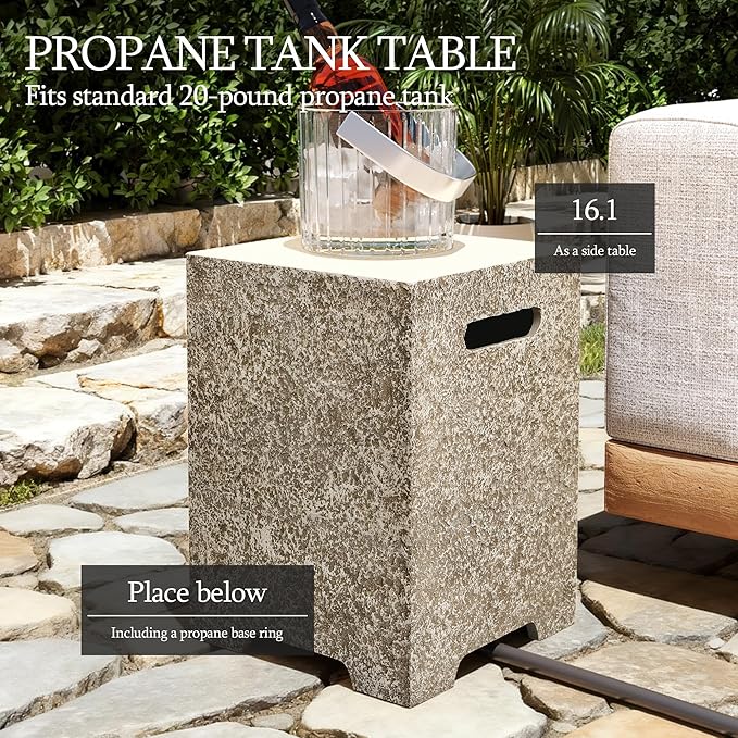 UPHA 42-inch Outdoor Propane Gas Fire Pit Table 50000 BTU Concrete Round FirePit for Outside Patio with Propane Tank Cover, Blue Glass Rocks, Rain Cover, Beige Texture