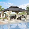 13'x15' Wood Gazebo,Cedar Wood Hardtop Gazebo with Netting and Curtains, Outdoor Wooden Frame Gazebos with Galvanized Steel Double Roof for Patio Garden Deck