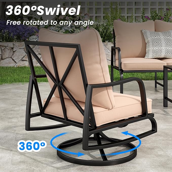 Soohow Outdoor Patio Furniture Set, 6 Piece Patio Furniture Set, 4 x Swivel Chair, 1 x 3-Seats Sofa, and 1 x Coffee Table, Outdoor Metal Conversation Set for Porch, Balcony, and Backyard