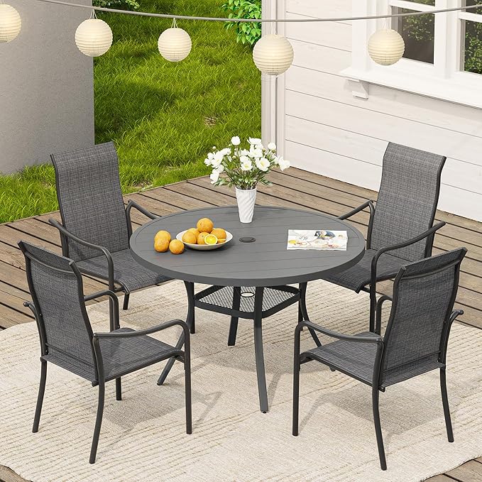 VICLLAX Outdoor Patio Round Dining Table, 41"x 41" Metal Slatted Round Tabletop with Adjustable Umbrella Hole for Dining Yard Porch, Dark Grey Finish