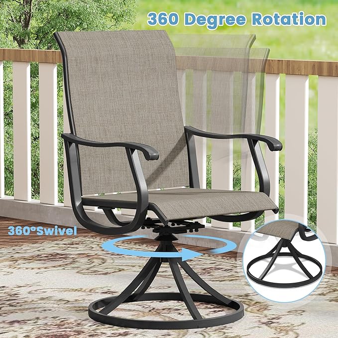 DIFY 3 Pieces Outdoor Patio Bistro Dining Set, 2 Brown Textilene Swivel Dining Chairs and 27.6" Walnut Small Round Dining Table, Outdoor Table and Chairs