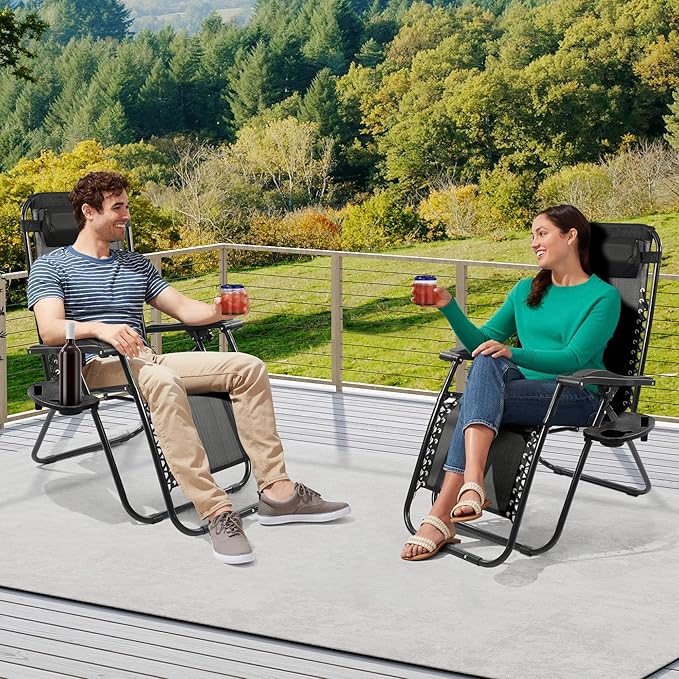 Elevon Zero Gravity Chair with Cup Holder & Removable Pillow, Adjustable Reclining Outdoor Patio Folding Chairs for Adults Portable Lounge Chair Furniture for Poolside, Lawn, Beach, Camping, Black