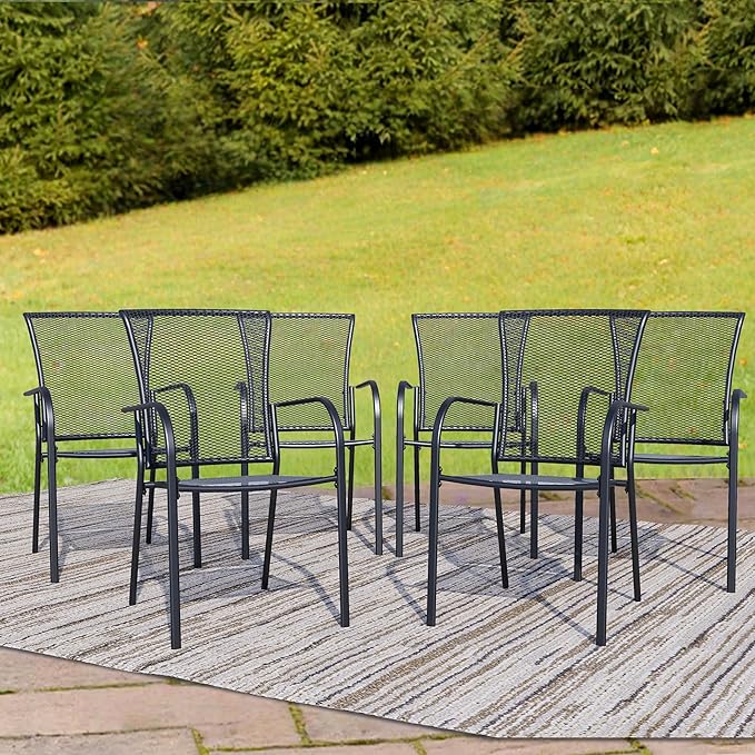 Outdoor Metal Patio Chairs Set of 8, Stackable Iron Mesh Dining Chairs with Armrests, All-Weather Bistro Chairs for Garden, Backyard, Porch, or Balcony