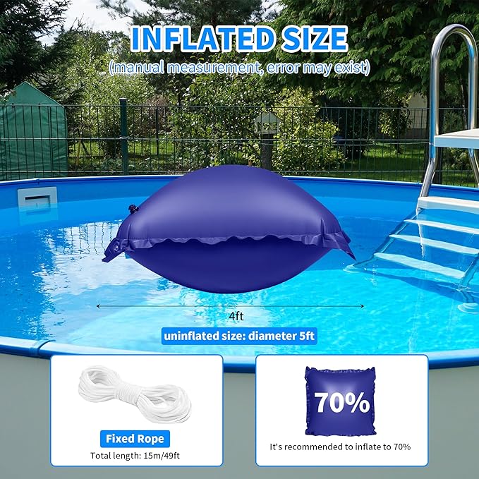 3 Pack Pool Pillow for for Above Ground Pools, 4x4 Ft Pool Air Pillow for Closing Winter Pool Winterizing Kit for Ground Pool, 0.5mm PVC Material, 2X 16.5Ft Rope (Blue)