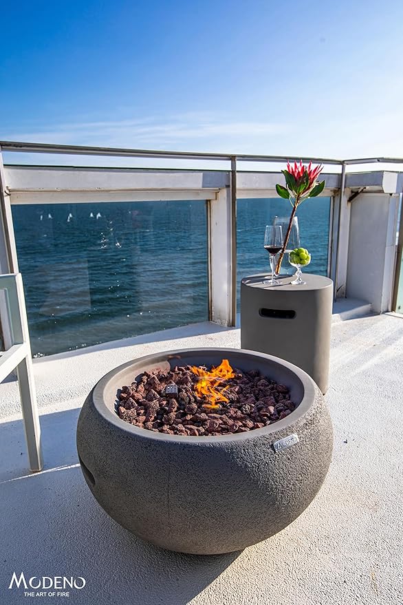 AMS Fireplace | Modeno Newbridge Package | Light Gray Natural Gas Fire Pit Table for Outside Patio Bundle with SS Burner Lid | Free Ice Bucket