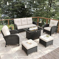 7 Pieces Patio Furniture Sets with Fire Pit Table, Wicker Rattan High Back Outdoor Armchairs Set with 3-Seat Couch, Ottomans and Side Table
