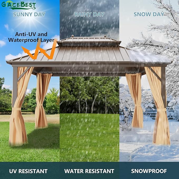 12'x12' Hardtop Gazebo, Outdoor Aluminum Patio Gazebo Double Roof Galvanized Steel Canopy with Netting and Curtains,for Garden Patio, Backyard, Deck and Lawns.