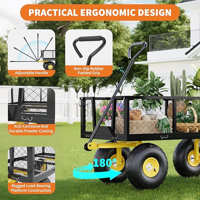 900 Lbs Garden Wagon, 2-in-1 Heavy-Duty Steel Garden Cart, with 10 Inch All-Terrain Tires and Removable Mesh Side Panels, 180° Rotating Handle, Metal Utility Yard Trailer, Outdoor Gardens Wagon Cart