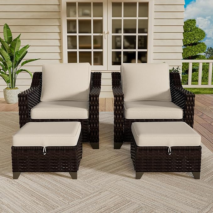 Vista Vibe 4 Pieces Outdoor Patio Conversation Furniture Set - 2 Luxurious Armchairs | 2 Wicker Ottomans, Removable Cushions, Hand-Woven PE Rattan, Office, Porch (Brown/Beige)