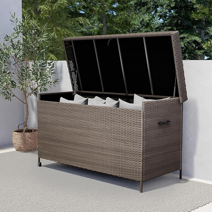 Grand patio 170 Gallon Deck Storage Box Deck Box Outdoor Storage Box Indoor Wicker Storage Bin Patio Storage Box for Patio Furniture Cushions Garden Tools Pool Accessories, Light Brown