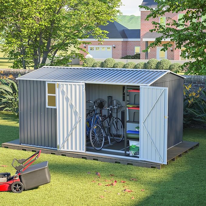 8x12 Ft Storage Shed Outdoor, XL Heavy-Duty Steel Building with Window – Features Hinged Gray Doors & 4 Air Vents for Backyard, Garden, Patio (Gray)