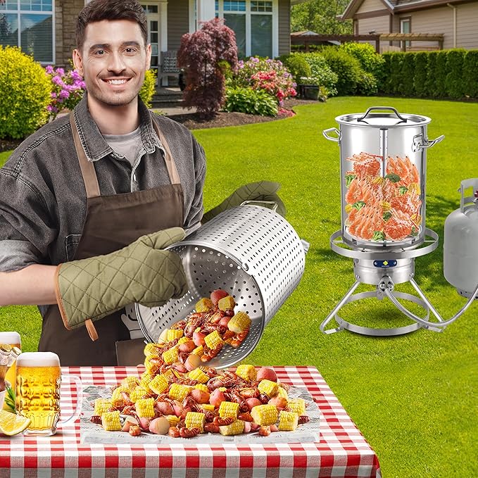ARC 32QT Stainless Steel Turkey Fryer Pot and Burner Kit,Propane Burners for Outdoor Cooking, Tamale Steamer Pot with basket, and steamer rack. Great for Seafood boil, Crawfish Boil, Home Brewing