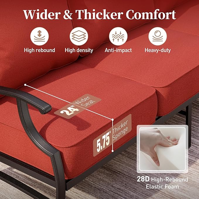4 Piece Metal Outdoor Patio Furniture Sets, Patio Conversation Sets 1 3-seater Sofa, 2 Swivel Chair with 5.75" Extra Thick Cushion and Coffee Table, Black Frame Backyard Furniture, Red