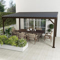 Domi 10'x14' Hardtop Wall Mounted Gazebo, Expandable Lean to Gazebo Pergola with Gutters & Galvanized Steel Roof, 60MPH Wind Resistance Outdoor Heavy Duty Canopy Sun Shade for Patio, Backyard - Brown