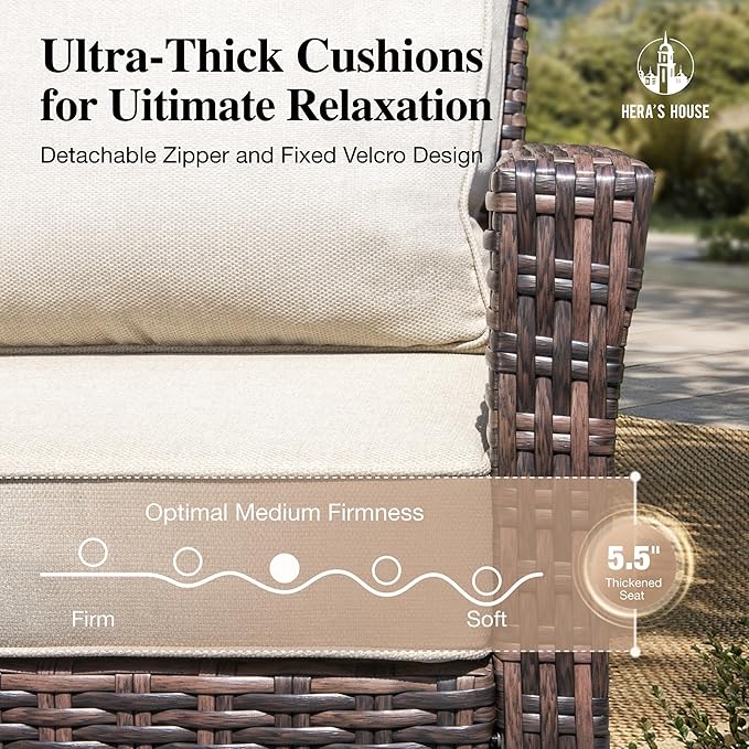 HERA’S HOUSE Wicker Patio Furniture Set, High Back Swivel Chairs with 5.5-Inch Thick Cushions, 6-Piece Outdoor Deep Seating Conversation Sets with Fire Pit Table & Ottomans for Deck Yard Garden, Beige