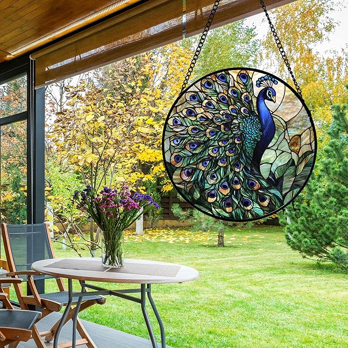 Stained Glass Window Hanging, Turquoise Peacock Sun Catcher for Door Home Decor Blue Green Suncatcher Christmas Mother's Day Birthday Gifts for Women Men Mom and Nana 9.8 in