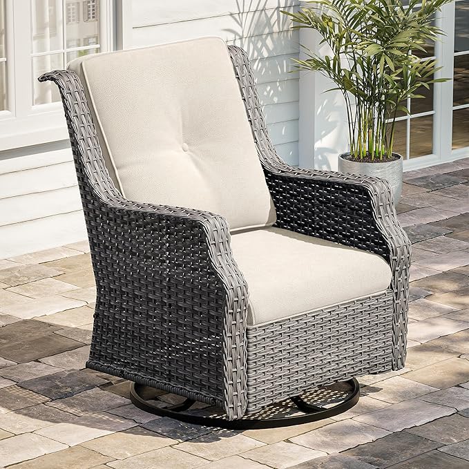 Swivel Patio Chair Outdoors - 360 Degree, Set of 2, Glider Chair with 3.5" Olefin Fabric Cushions (Mixed Grey Rattan/Beige)
