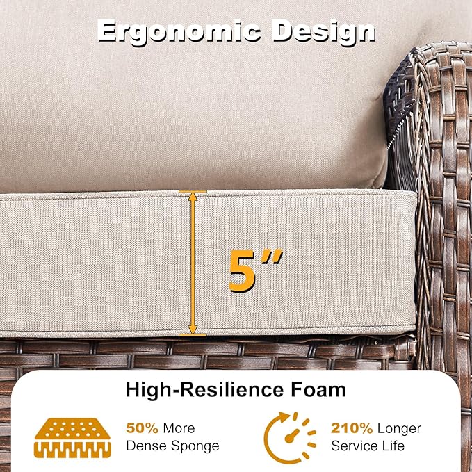 6 Pieces Patio Furniture Set Outdoor Sectional Sofa Couch with Rocking Swivel Chairs 5" Deep Seat Chairs, 2 Sofa Sets Modern Wicker Rattan Conversation Set, Beige/Brown Wicker
