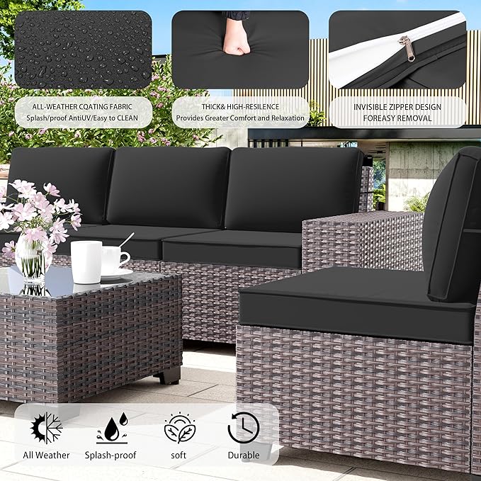 Outdoor Patio Furniture Set with Propane Fire Pit Table, 7 Pieces Outdoor Furniture Patio Sectional Sofa Conversation Sets w/ETL Approved 43" Gas Outdoor Fire Table & Coffee Table (Black)