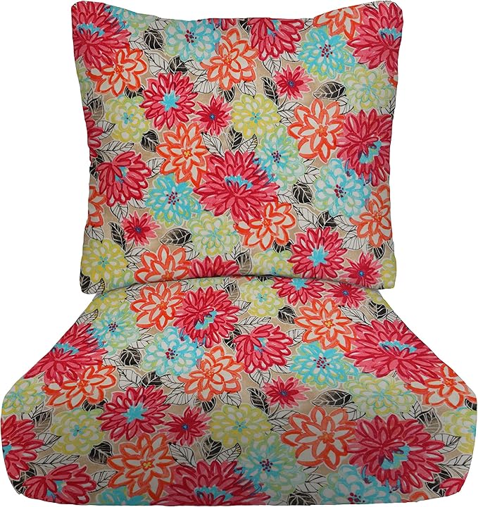 RSH DECOR: Deep Seating Cushion with Pillow Back | 24” x 27” Seat | All-Weather Spun Fabric | Water and Fade-Resistant | Outdoor Chair Cushion Set for Patio Furniture | Artistic Floral
