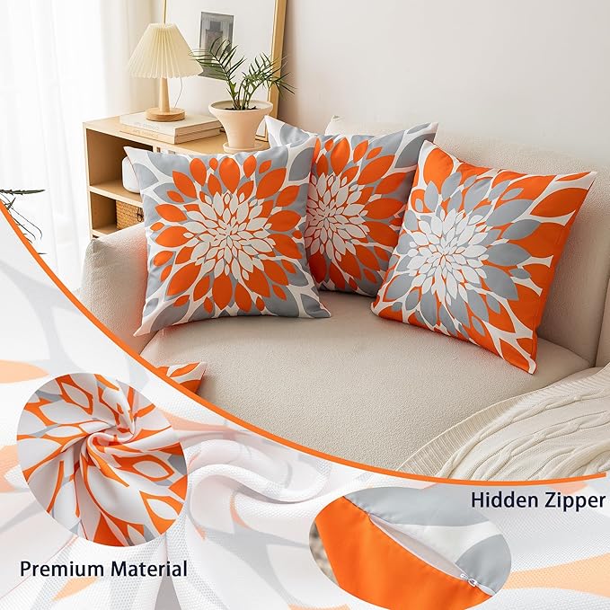 Qahing Pack of 4 Fall Outdoor Waterproof Pillow Covers 20x20 Decorative Outdoor Throw Pillows Garden Square Cushion Cases for Patio Furniture, Couch, Tent Sunbrella, Bench, Orange Grey
